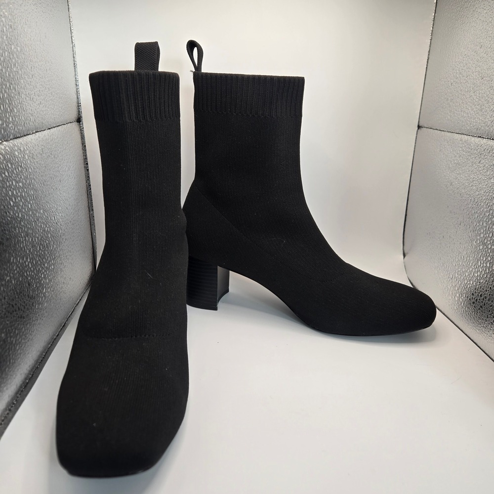 Quince Sock Boots Womens 9 Black Square Toe Block Heel Ankle Booties - Picture 7 of 8